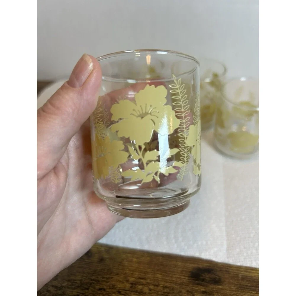 Vintage 70’s Libbey Yellow Hibiscus Fern Juice Glasses Set of 4 Retro Floral MCM
